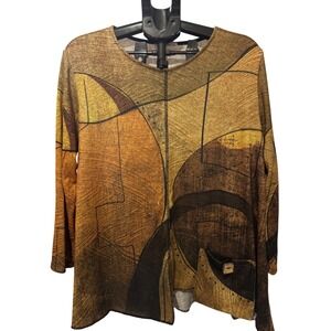 Jess & Jane Maya Abstract Geometric Print Tunic Top Brown Mustard XL Made in USA